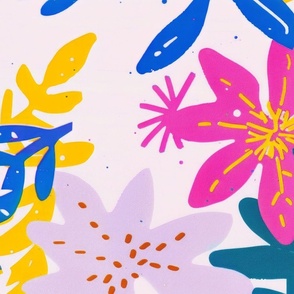 hand made risograph inspired printing of gardens and landscape with abstract plants and flowers and trees on a lavender background with pastel colors and pops of orange and yellow color_208