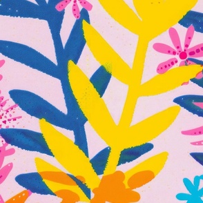hand made risograph inspired printing of gardens and landscape with abstract plants and flowers and trees on a lavender background with pastel colors and pops of orange and yellow color_209