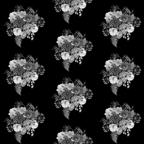 Vibrant Vintage Posy - greyscale on black, medium