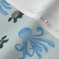 Blue octopus and green sea turtles and ocean blue waves