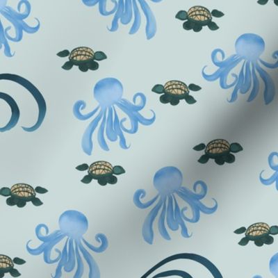 Blue octopus and green sea turtles and ocean blue waves
