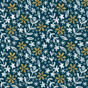 Ditsy Chalk Floral Navy Blue Gold and White Floral 