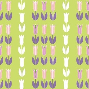 Happy tulips white  lilac pink on lime green 4inch