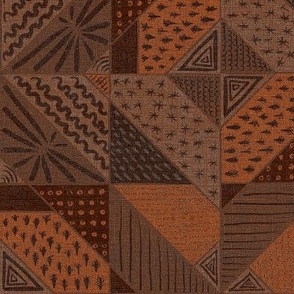 12” repeat  geometric faux woven texture abstract shapes with doodles faux patchwork quilt in monochrome earthy russet browns