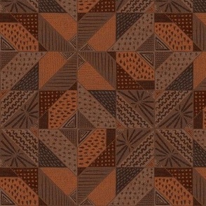 6”  repeat  geometric faux woven texture abstract shapes with doodles faux patchwork quilt in monochrome earthy russet browns