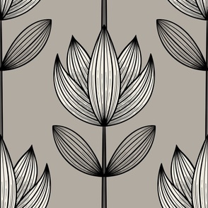 doodle flower 02 - JUMBO - black_ cloudy silver taupe_ creamy white - extra large black line floral