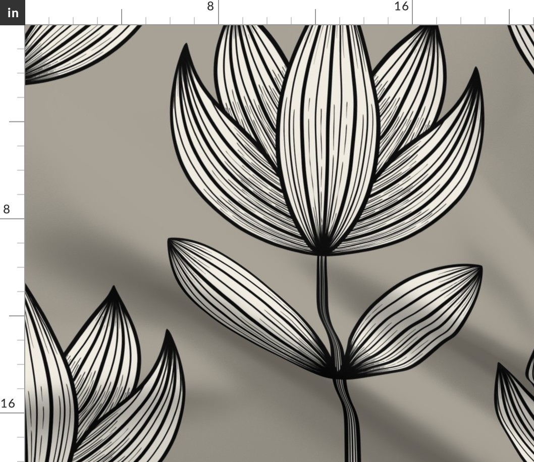 doodle flower 02 - JUMBO - black_ fawn grey_ greek villa white - extra large black line floral