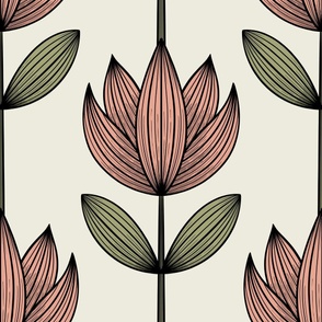 doodle flower 02 - JUMBO - barely pear white_ black_ glade green_ stone fruit peach - extra large black line floral