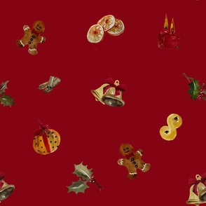 Vintage  Classic Christmasy Things - Noel Print - Dark Red Background