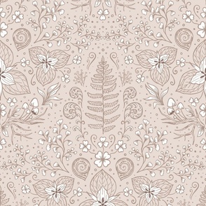 Wildwood flora.  Forest biome. Botanical damask  - Neutral beige  -Large scale