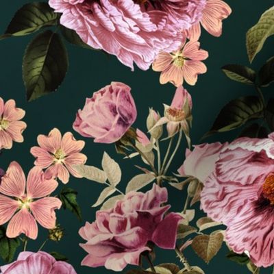 Vintage Summer Romanticism: Maximalism Moody Florals - Antiqued pink Peonies and Nostalgic Antique Botany Wallpaper and Victorian Goth Mystic inspired for powder room -Refined Rose  dark teal 
