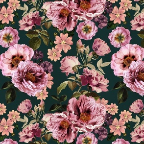 Vintage Summer Romanticism: Maximalism Moody Florals - Antiqued pink Peonies and Nostalgic Antique Botany Wallpaper and Victorian Goth Mystic inspired for powder room -Refined Rose  dark teal 