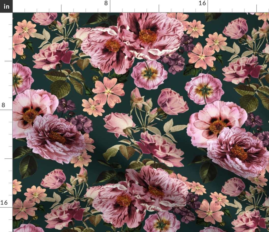 Vintage Summer Romanticism: Maximalism Moody Florals - Antiqued pink Peonies and Nostalgic Antique Botany Wallpaper and Victorian Goth Mystic inspired for powder room -Refined Rose  dark teal 