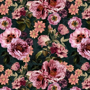 Vintage Summer Romanticism: Maximalism Moody Florals - Antiqued pink Peonies and Nostalgic Antique Botany Wallpaper and Victorian Goth Mystic inspired for powder room -dark teal double layer