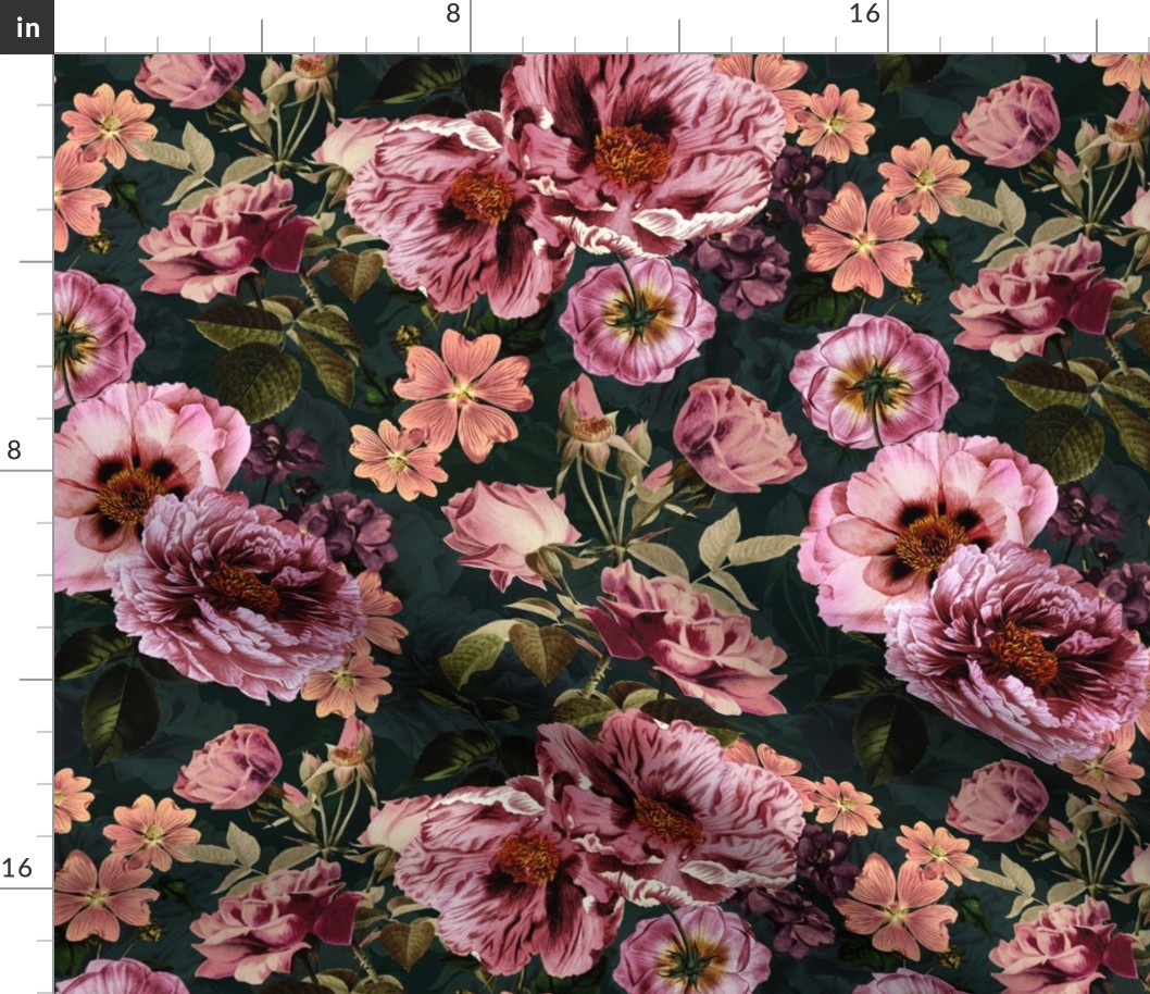 Vintage Summer Romanticism: Maximalism Moody Florals - Antiqued pink Peonies and Nostalgic Antique Botany Wallpaper and Victorian Goth Mystic inspired for powder room -dark teal double layer