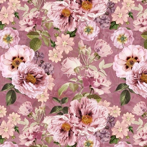 Vintage Summer Romanticism: Maximalism Moody Florals - Antiqued pink Peonies and Nostalgic Antique Botany Wallpaper and Victorian Goth Mystic inspired for powder room -Refined Rose 
