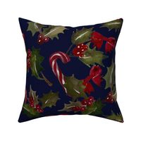 Vintage Christmas Holly with berrys and candy cans - Dark Blue Background - Large Size