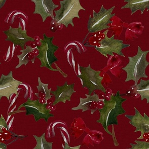 Vintage Christmas Holly with berrys and candy cans - Dark Red background - Large Size