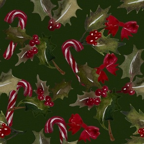 Vintage Christmas Holly with berrys and candy cans - Dark Green background - Large Size