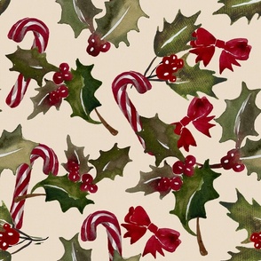 Vintage Christmas Holly with berrys and candy cans - Cream Background - Large Size