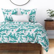 snow monkeys in a hot spring blockprint l large l light teal light pink