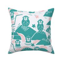 snow monkeys in a hot spring blockprint l large l light teal light pink