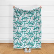 snow monkeys in a hot spring blockprint l large l light teal light pink