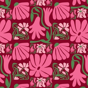 Pink Flower Tiles No.2 Burgundy - Medium Scale