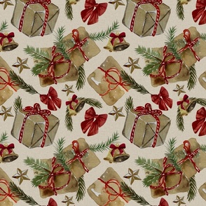 Vintage Christmas gifts in brown paper & Bells - Noel Print - Cream background