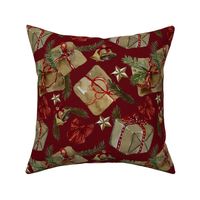 Vintage Christmas gifts in brown paper & Bells - Noel Print - Dark Red Backround