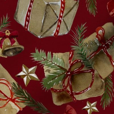 Vintage Christmas gifts in brown paper & Bells - Noel Print - Dark Red Backround