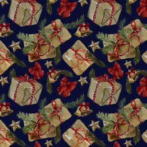 Vintage Christmas gifts in brown paper & Bells - Noel Print - Dark Blue Background