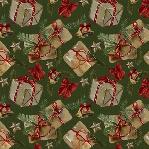 Vintage Christmas gifts in brown paper & Bells - Noel Print -  Olive Green with filter Background