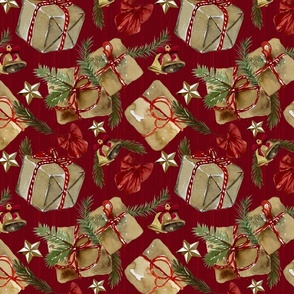 Vintage Christmas gifts in brown paper & Bells - Noel Print - True red Backround with texture