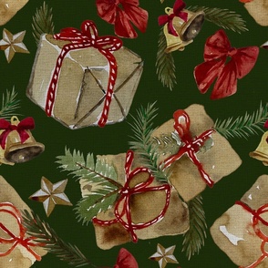 Vintage Christmas gifts in brown paper & Bells - Noel Print - Dark Green Background - LARGE SIZE