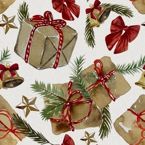 Vintage Christmas gifts in brown paper & Bells - Noel Print - Ivory White background- LARGE SIZE