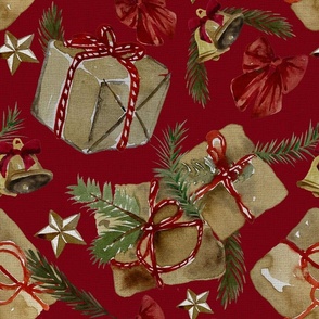Vintage Christmas gifts in brown paper & Bells - Noel Print- True Red  Backround- LARGE SIZE