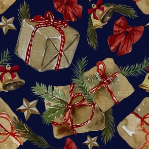 Vintage Christmas gifts in brown paper & Bells - Noel Print - Dark Blue Background - LARGE SIZE