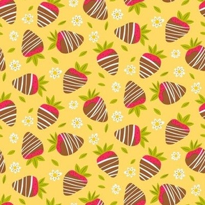 Chocolate Covered Strawberries and Chamomile on a Yellow Background