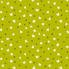 Ditsy Green Polka Dots and White Heart Sprinkles on Green