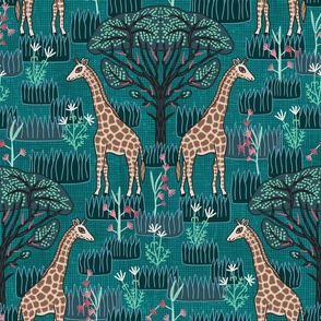 Giraffe and Acacia Tree (18") - dark teal