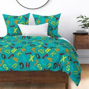 Fun warm vintage 70s inspired alphabet capital letters, in hand painted watercolor, this extra large scale print is perfect for kids bedding, wallpaper, or curtains 