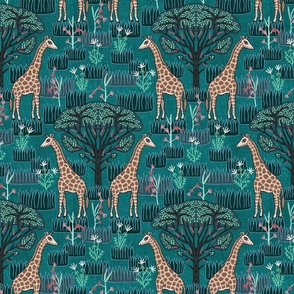 Giraffe and Acacia Tree (12") - dark teal