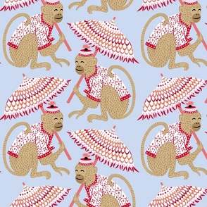 monkeys with parasols/pink and coral on blue/large