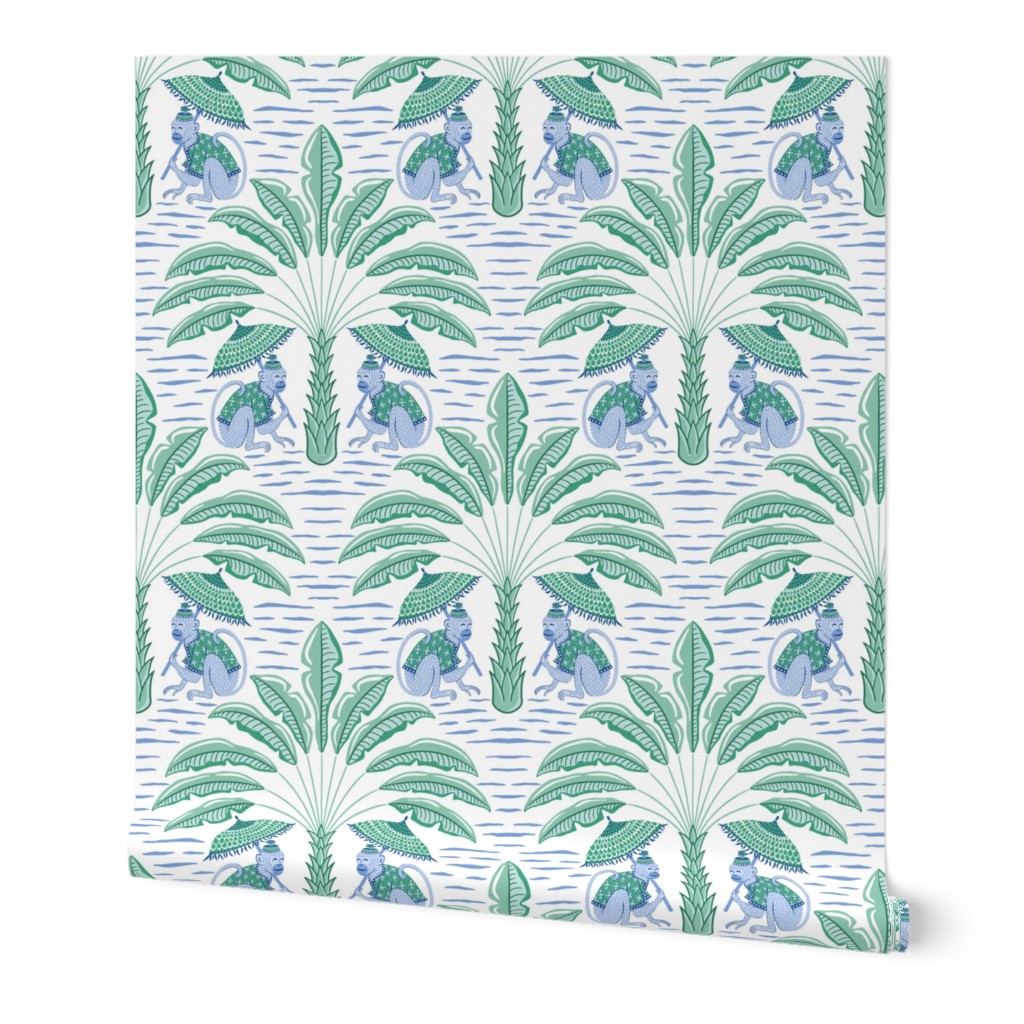 tropical playful monkeys/blue and green on white/large