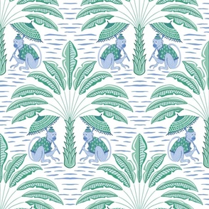 tropical playful monkeys/blue and green on white/large