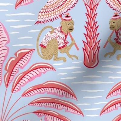 tropical playful monkeys/pink and coral on blue/large