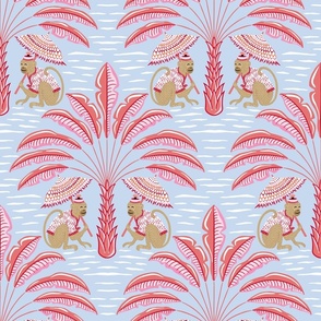 tropical playful monkeys/pink and coral on blue/large