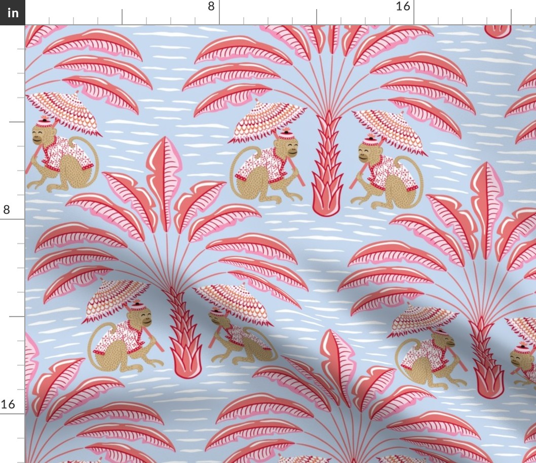 tropical playful monkeys/pink and coral on blue/large