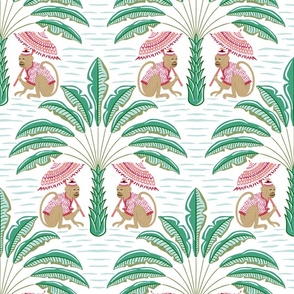 tropical playful monkeys/coral and green/large